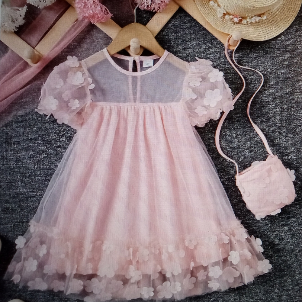 Toddler Girls Pretty Easter Party Formal Pink Floral Dress with Matching Bag